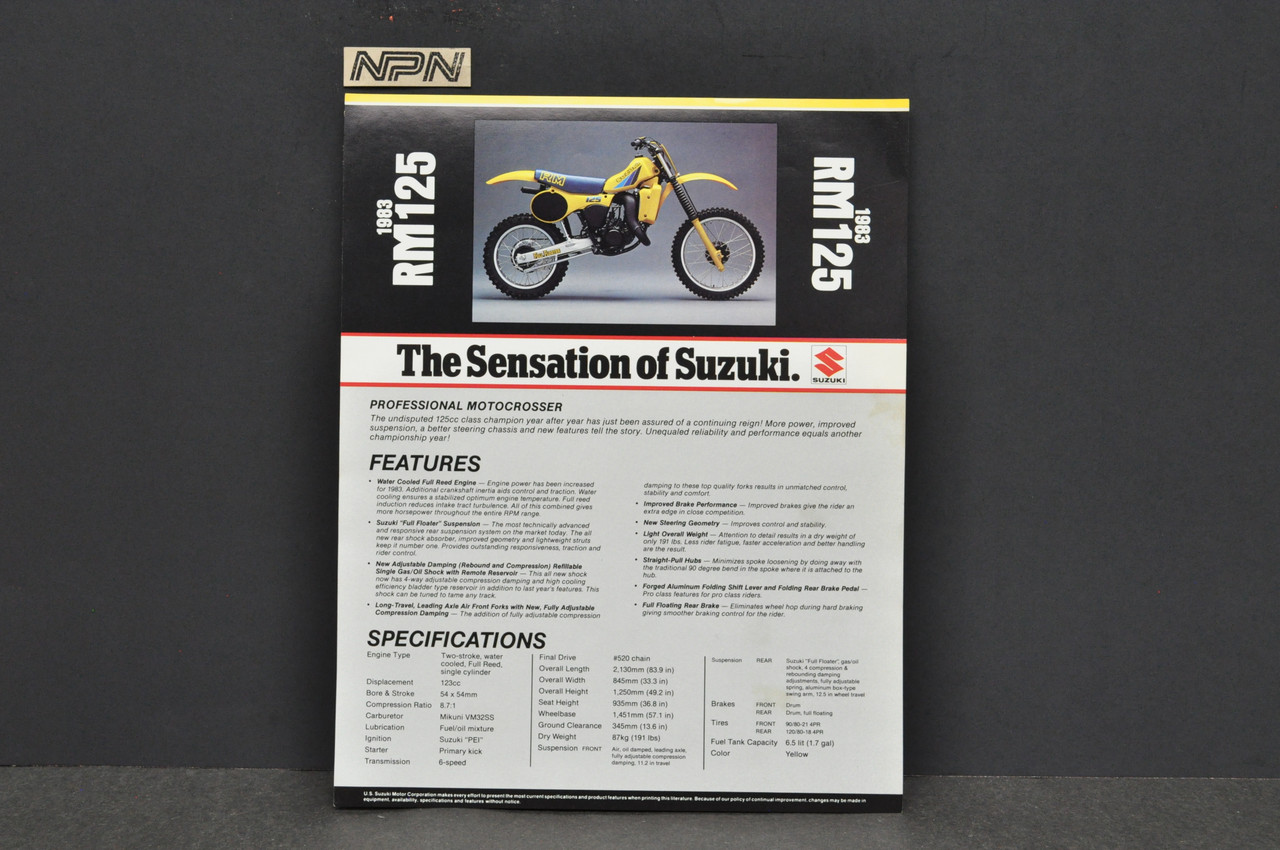 Vintage NOS 1983 Suzuki RM125 Motorcycle Brochure Dealer Spec Sheet OEM