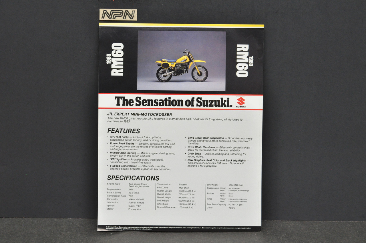 Vintage NOS 1983 Suzuki RM60 Motorcycle Brochure Dealer Spec Sheet OEM