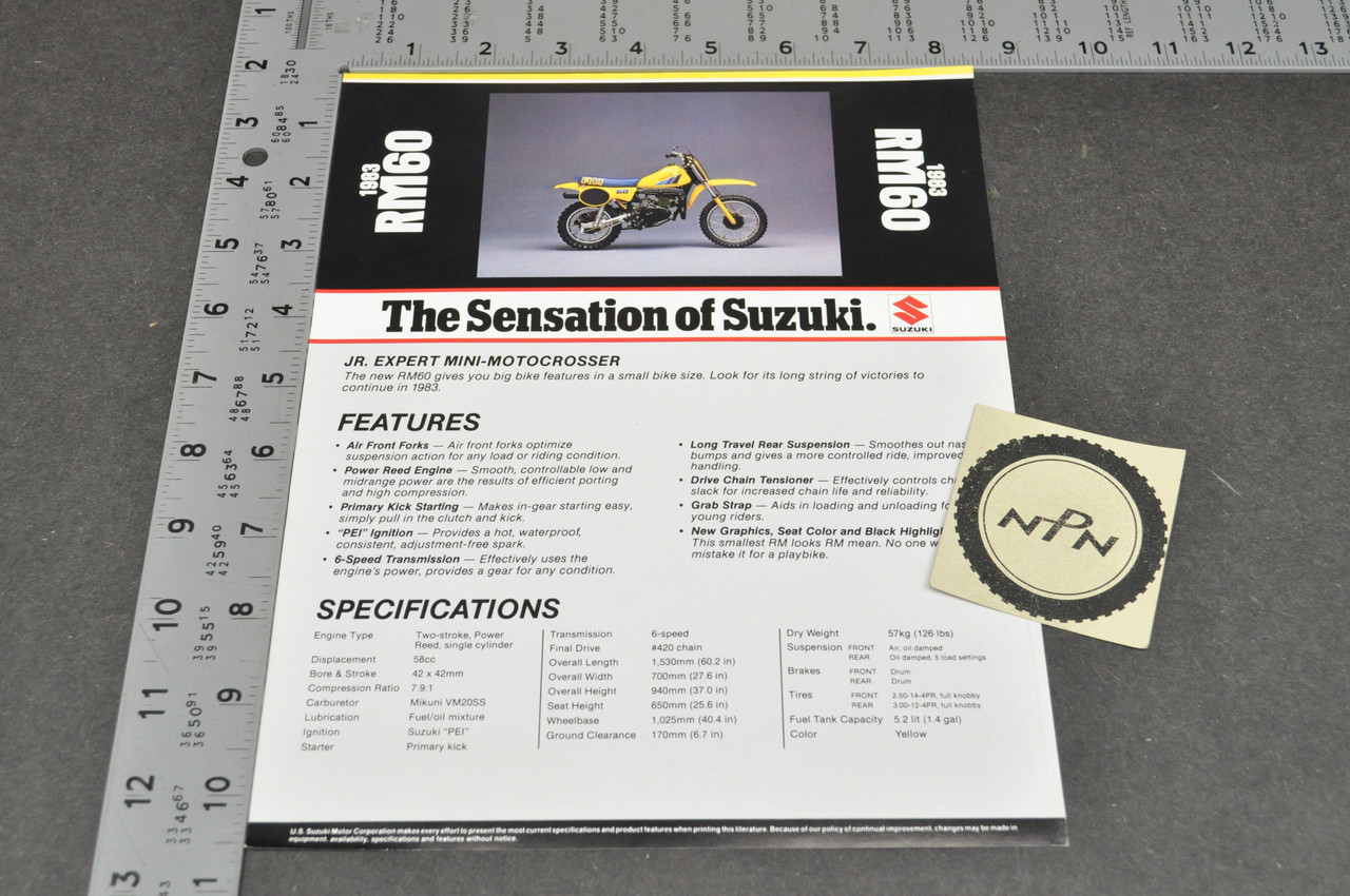 Vintage NOS 1983 Suzuki RM60 Motorcycle Brochure Dealer Spec Sheet OEM