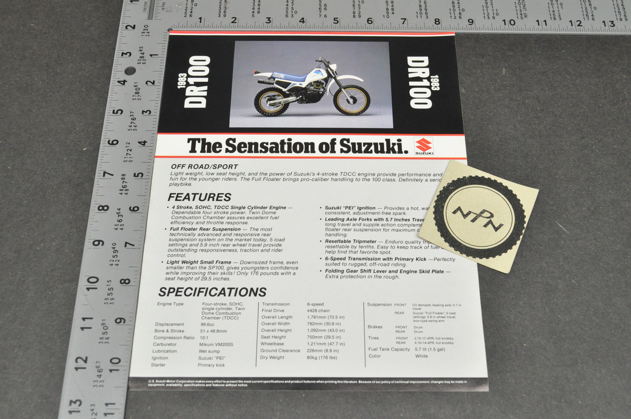 Vintage NOS 1983 Suzuki DR100 Motorcycle Brochure Dealer Spec Sheet OEM