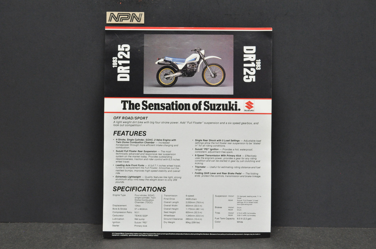 Vintage NOS 1983 Suzuki DR125 Motorcycle Brochure Dealer Spec Sheet OEM