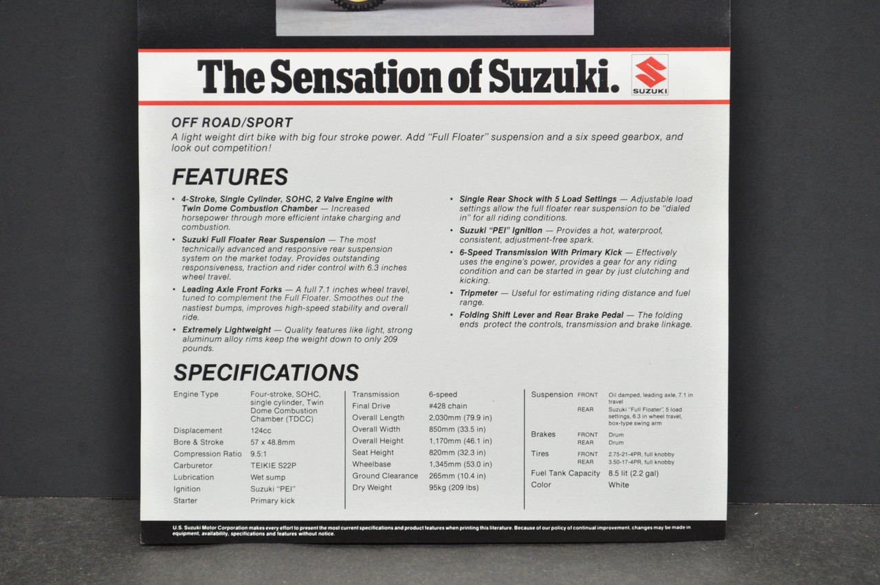 Vintage NOS 1983 Suzuki DR125 Motorcycle Brochure Dealer Spec Sheet OEM