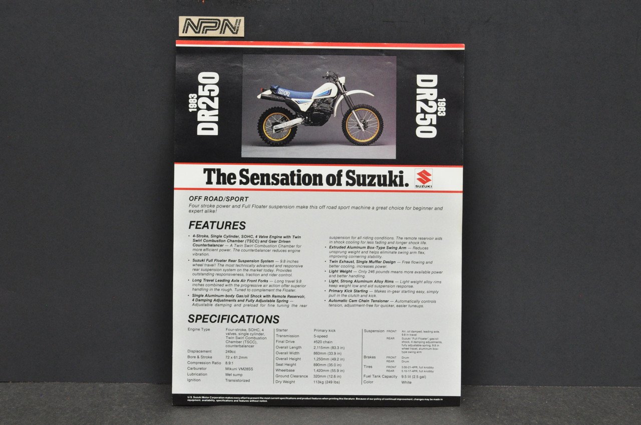 Vintage NOS 1983 Suzuki DR250 Motorcycle Brochure Dealer Spec Sheet OEM