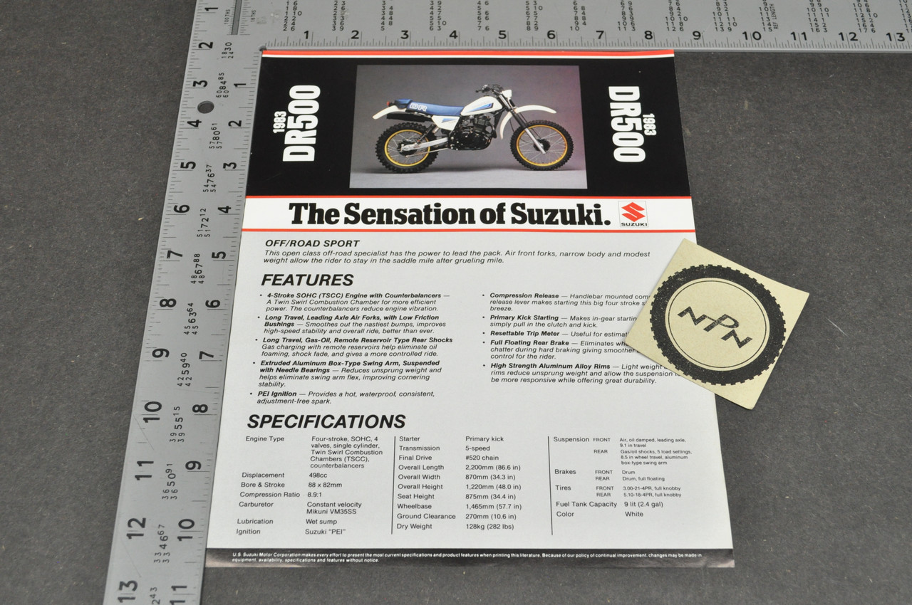 Vintage NOS 1983 Suzuki DR500 Motorcycle Brochure Dealer Spec Sheet OEM