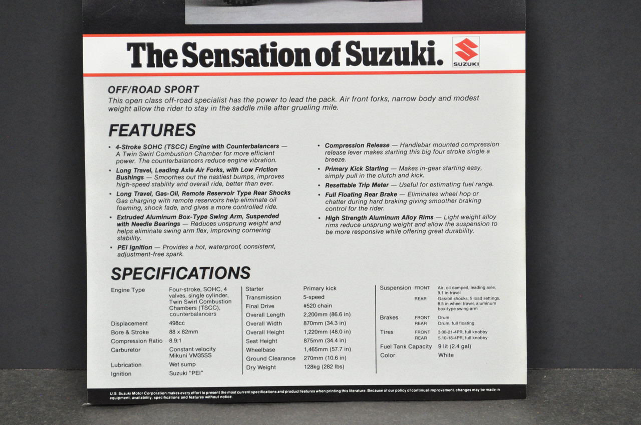 Vintage NOS 1983 Suzuki DR500 Motorcycle Brochure Dealer Spec Sheet OEM