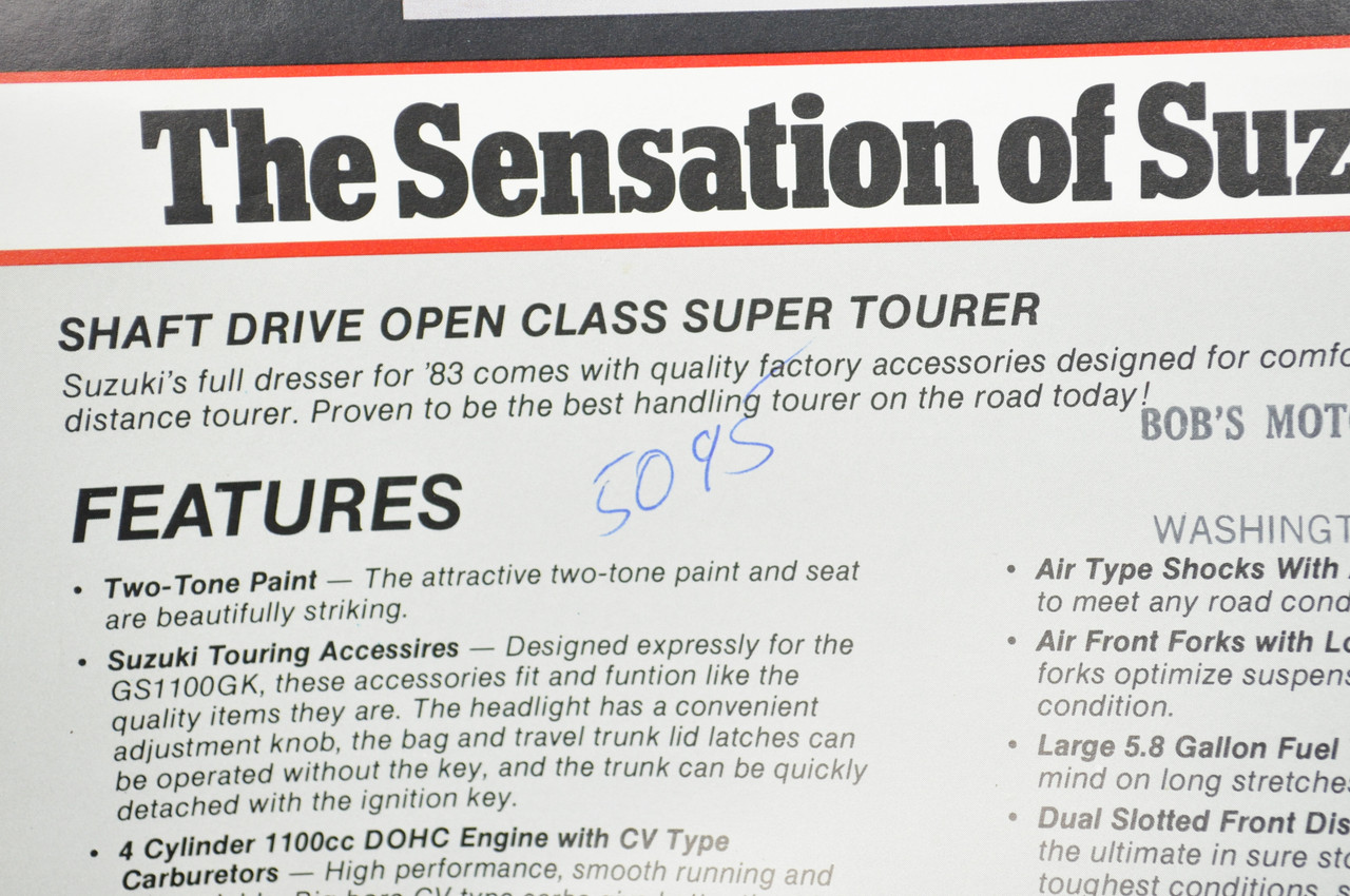 Vintage NOS 1983 Suzuki GS1100 GK Motorcycle Brochure Dealer Stamp Spec Sheet
