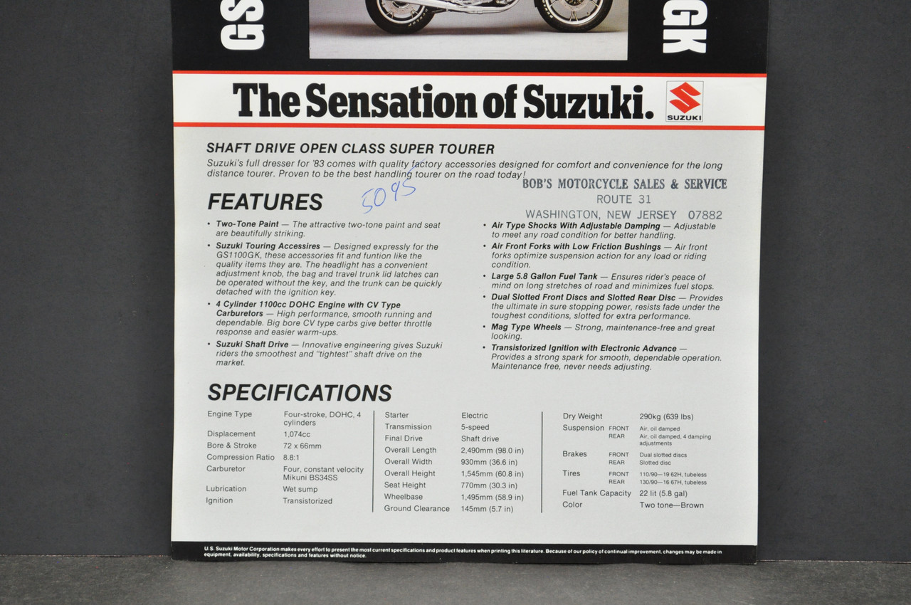 Vintage NOS 1983 Suzuki GS1100 GK Motorcycle Brochure Dealer Stamp Spec Sheet