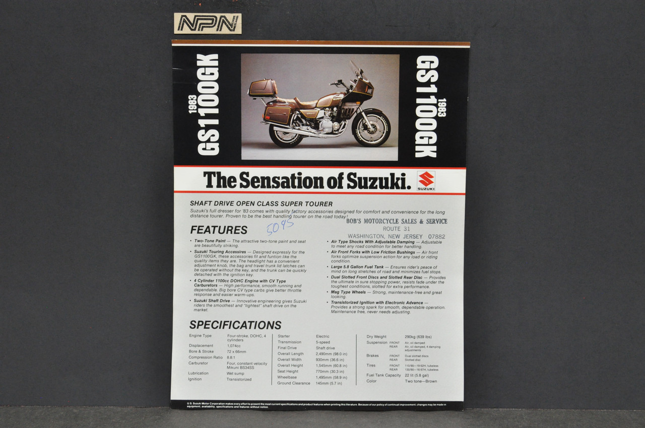 Vintage NOS 1983 Suzuki GS1100 GK Motorcycle Brochure Dealer Stamp Spec Sheet
