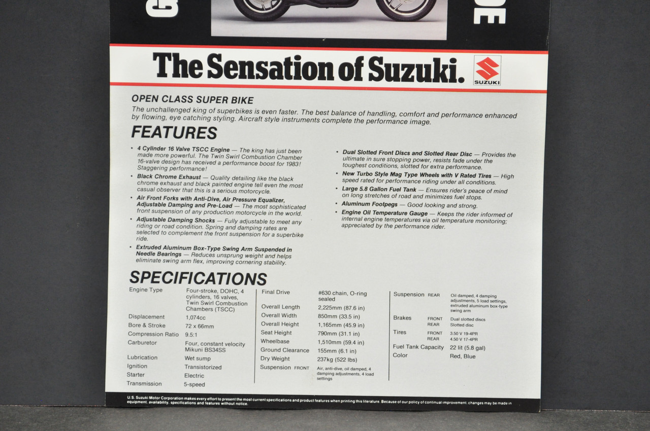 Vintage NOS 1983 Suzuki GS1100 E Motorcycle Brochure Dealer Spec Sheet OEM