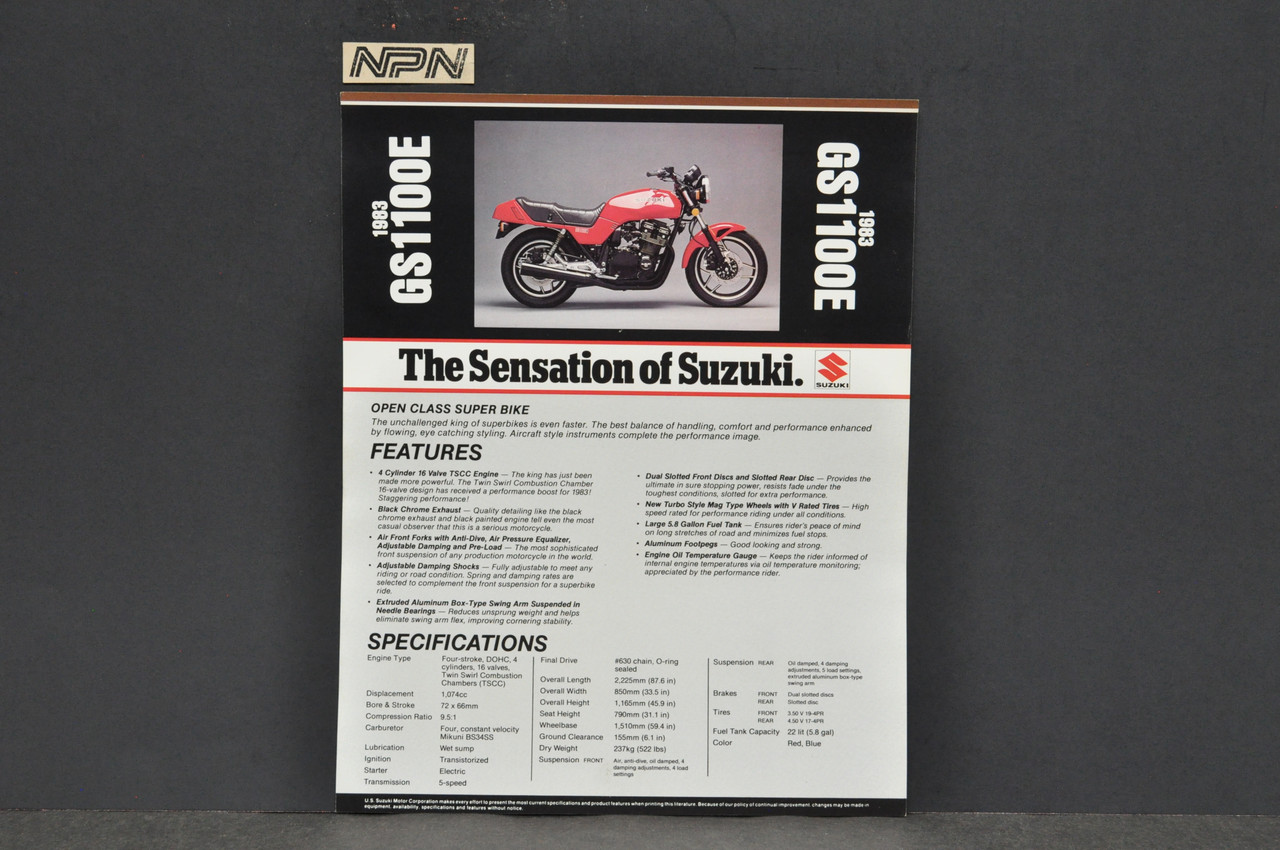Vintage NOS 1983 Suzuki GS1100 E Motorcycle Brochure Dealer Spec Sheet OEM