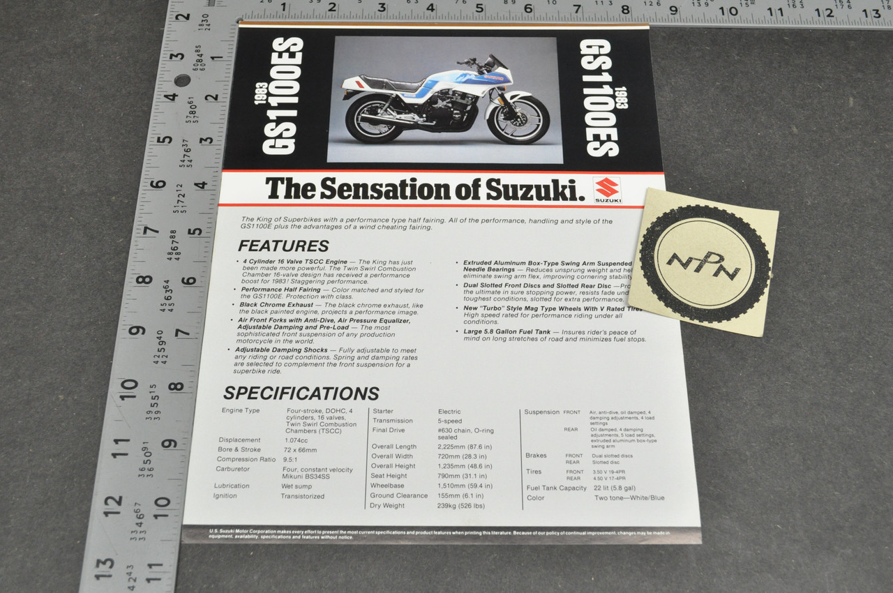 Vintage NOS 1983 Suzuki GS1100 ES Motorcycle Brochure Dealer Spec Sheet OEM