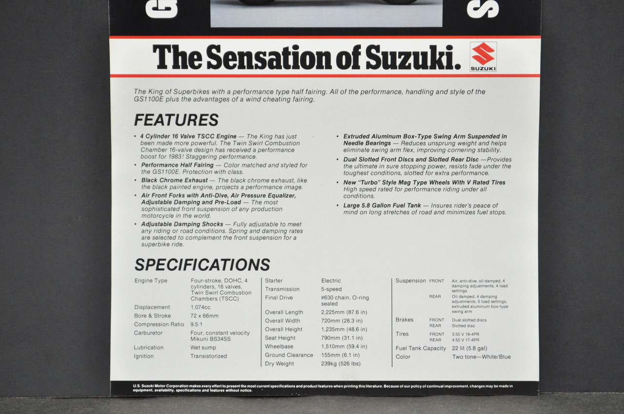 Vintage NOS 1983 Suzuki GS1100 ES Motorcycle Brochure Dealer Spec Sheet OEM