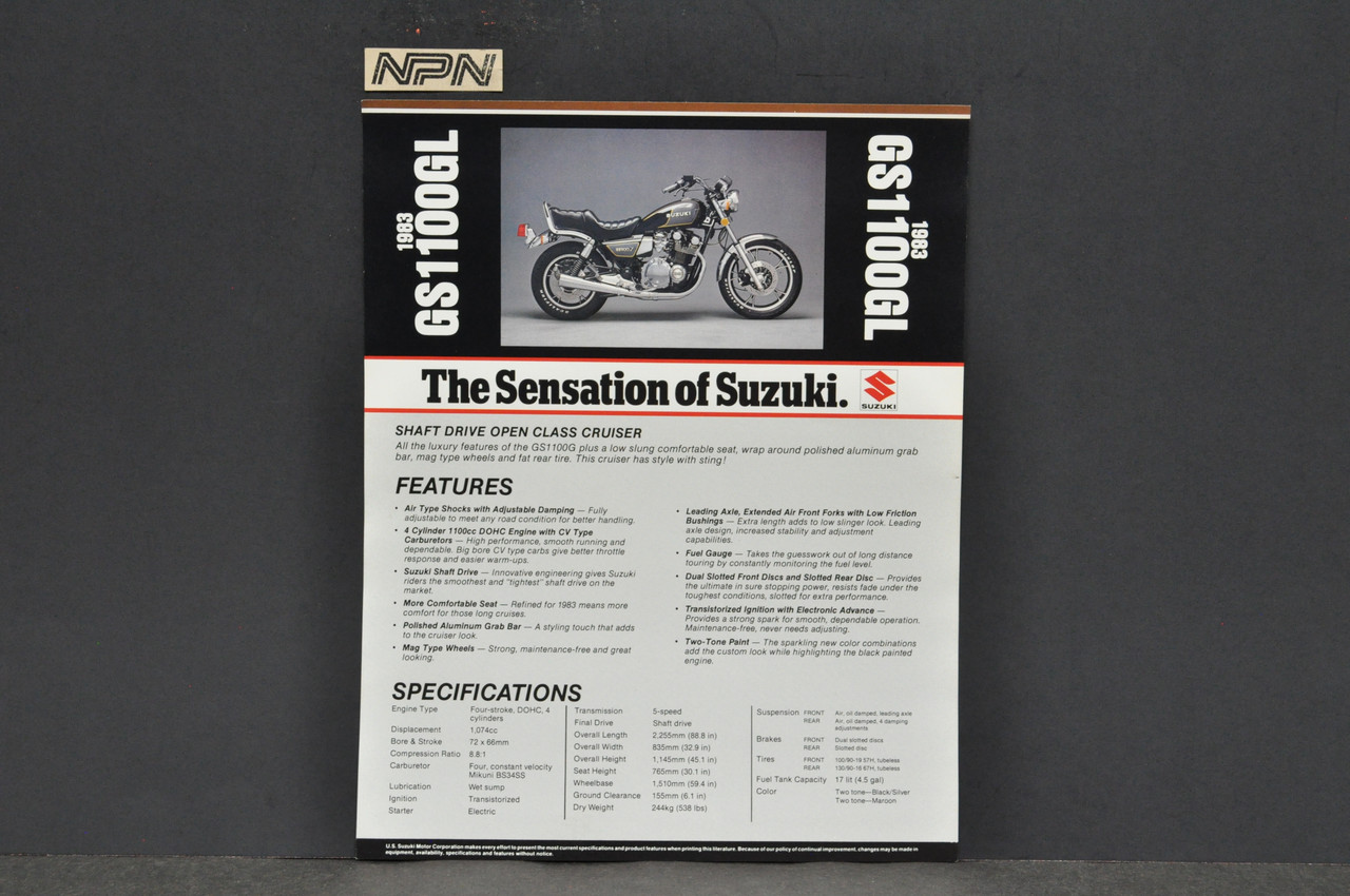 Vintage NOS 1983 Suzuki GS1100 GL Motorcycle Brochure Dealer Spec Sheet OEM