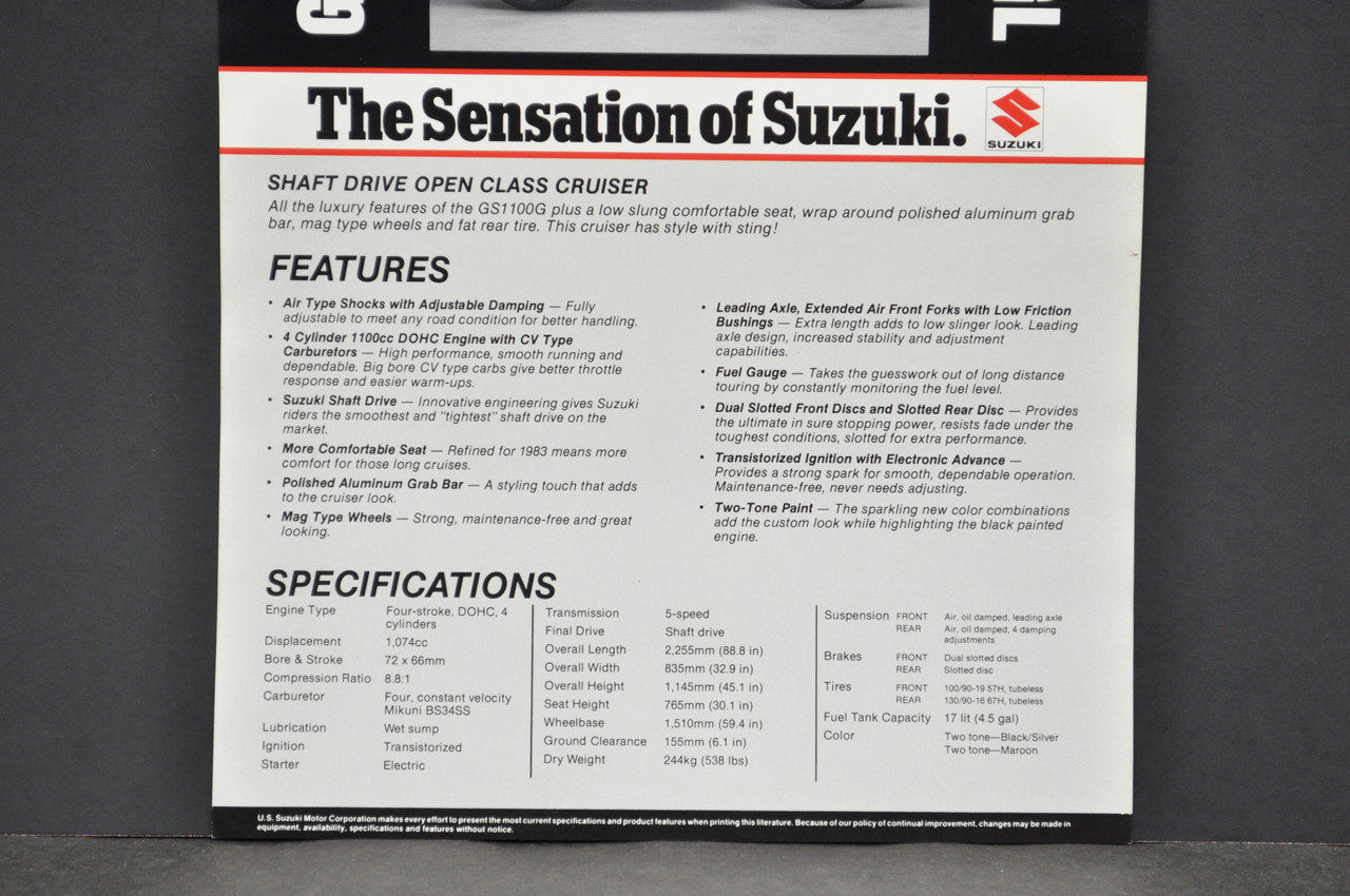Vintage NOS 1983 Suzuki GS1100 GL Motorcycle Brochure Dealer Spec Sheet OEM
