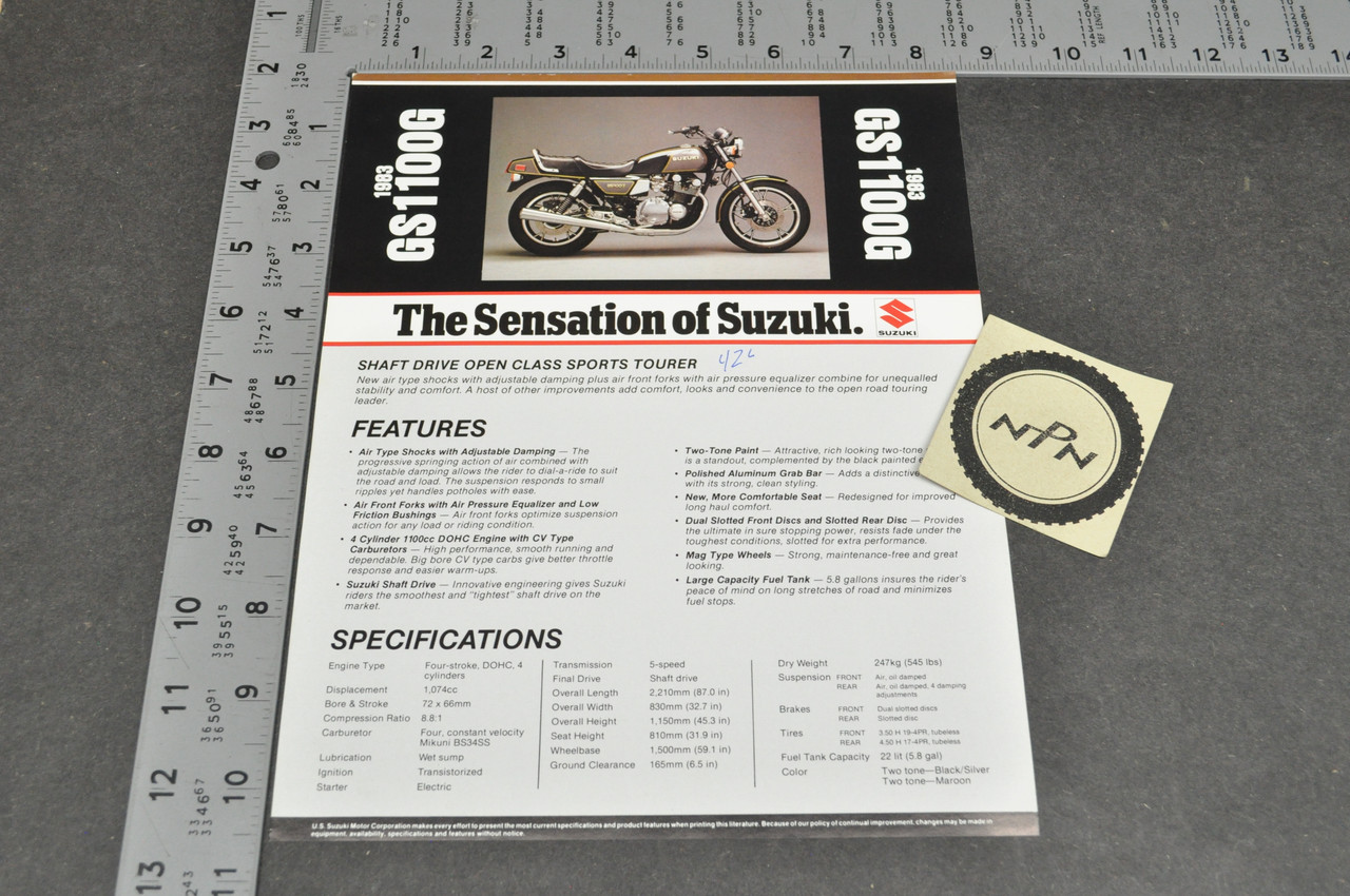 Vintage NOS 1983 Suzuki GS1100 G Motorcycle Brochure Dealer Spec Sheet OEM
