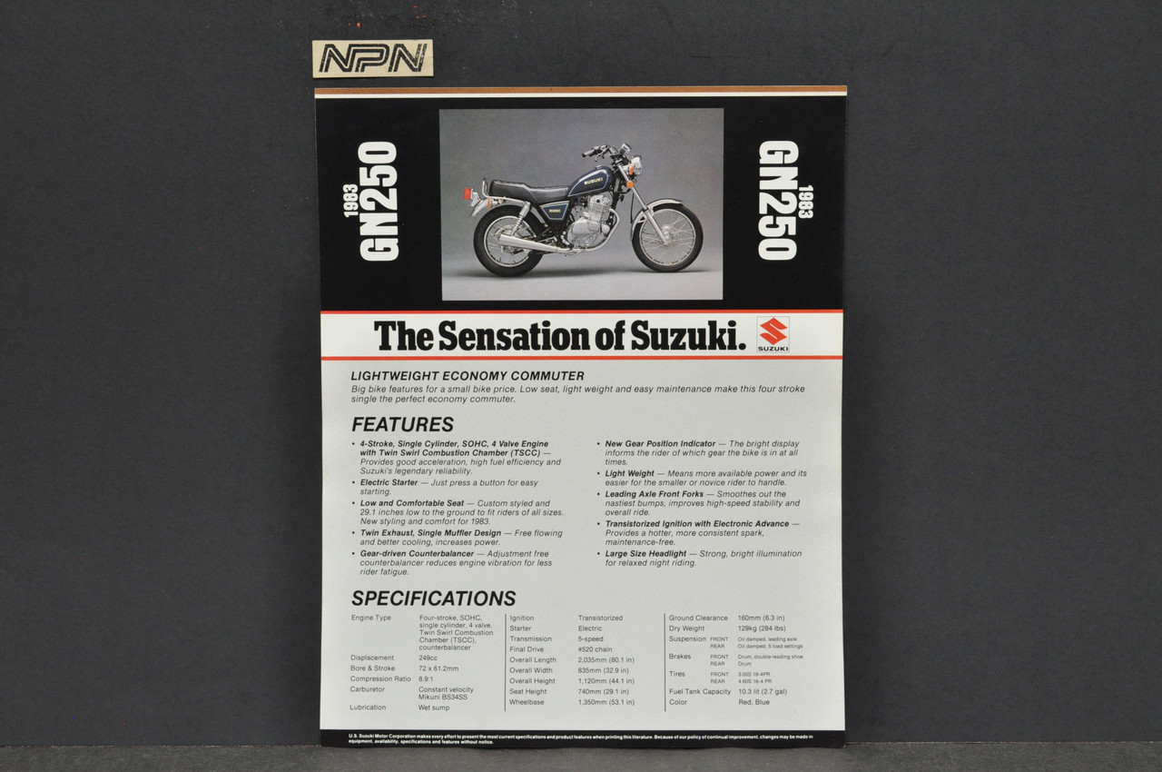 Vintage NOS 1983 Suzuki GN250 Motorcycle Brochure Dealer Spec Sheet OEM