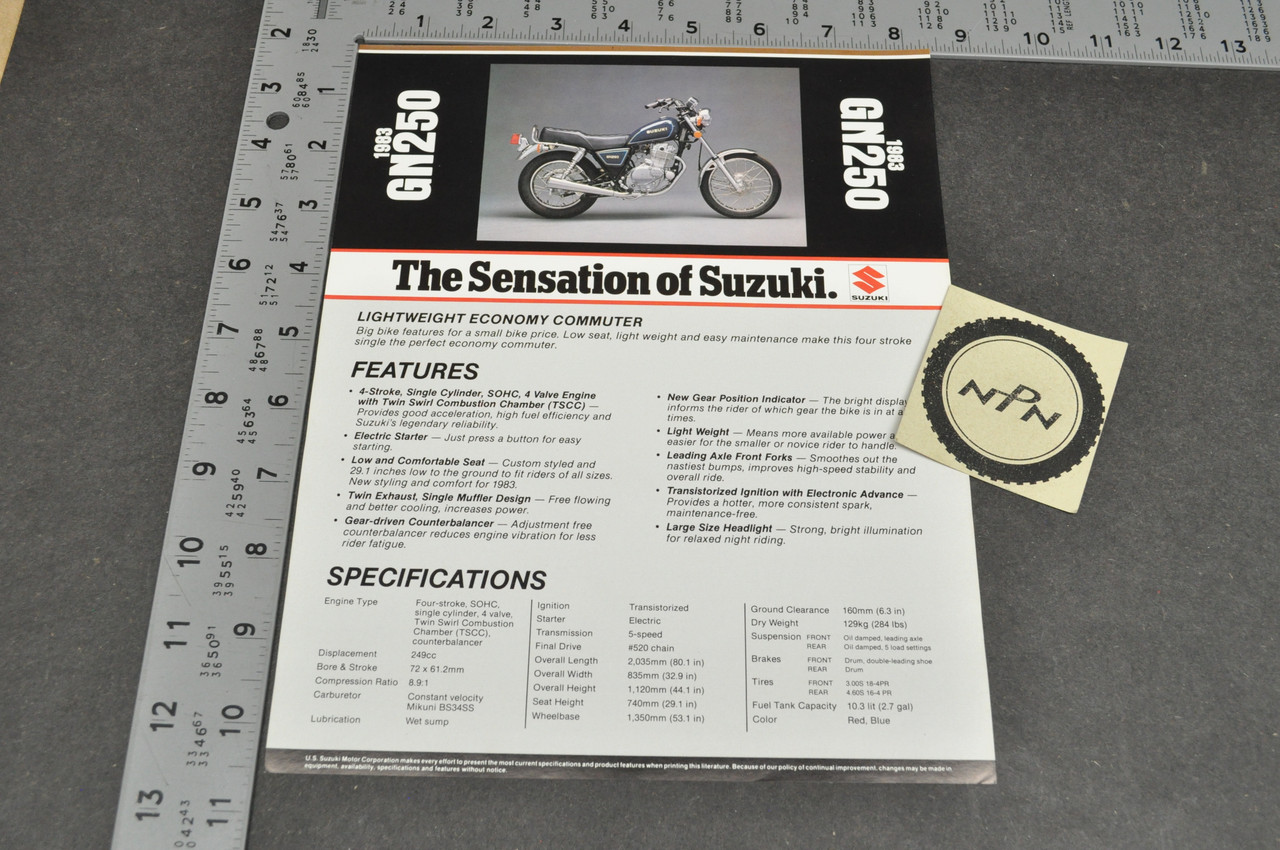 Vintage NOS 1983 Suzuki GN250 Motorcycle Brochure Dealer Spec Sheet OEM