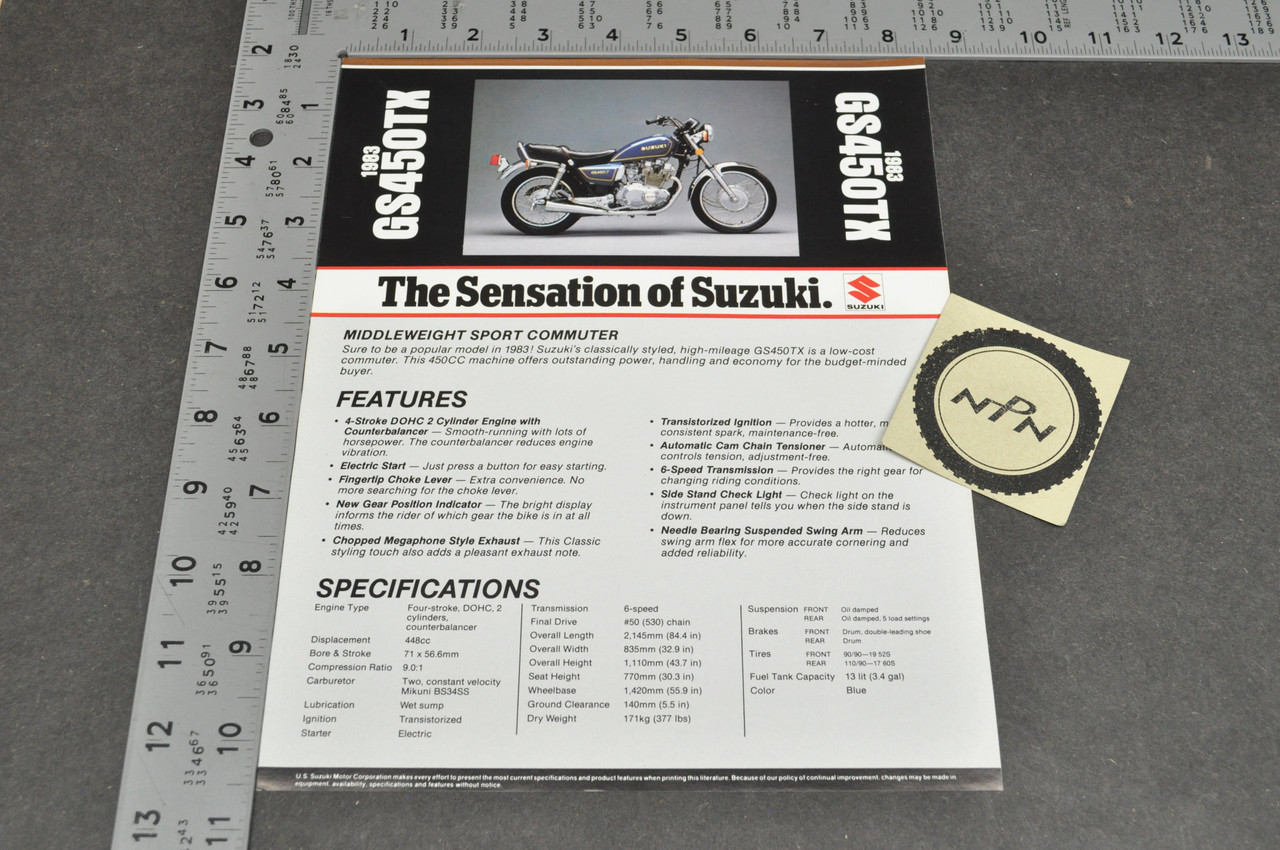 Vintage NOS 1983 Suzuki GS450 TX Motorcycle Brochure Dealer Spec Sheet OEM