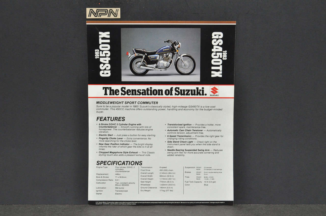 Vintage NOS 1983 Suzuki GS450 TX Motorcycle Brochure Dealer Spec Sheet OEM
