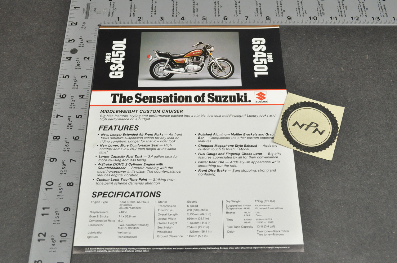 Vintage NOS 1983 Suzuki GS450 L Motorcycle Brochure Dealer Spec Sheet OEM