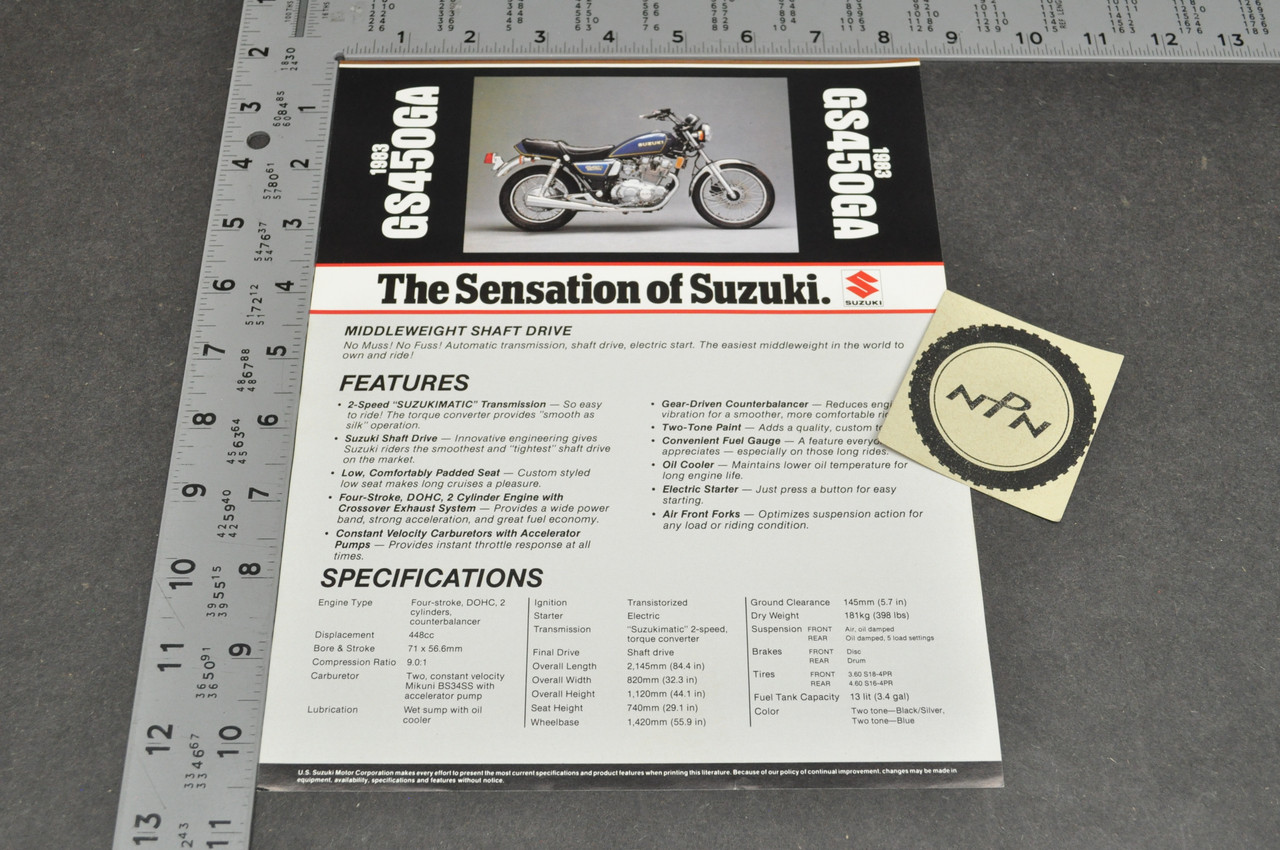 Vintage NOS 1983 Suzuki GS450 GA Motorcycle Brochure Dealer Spec Sheet OEM