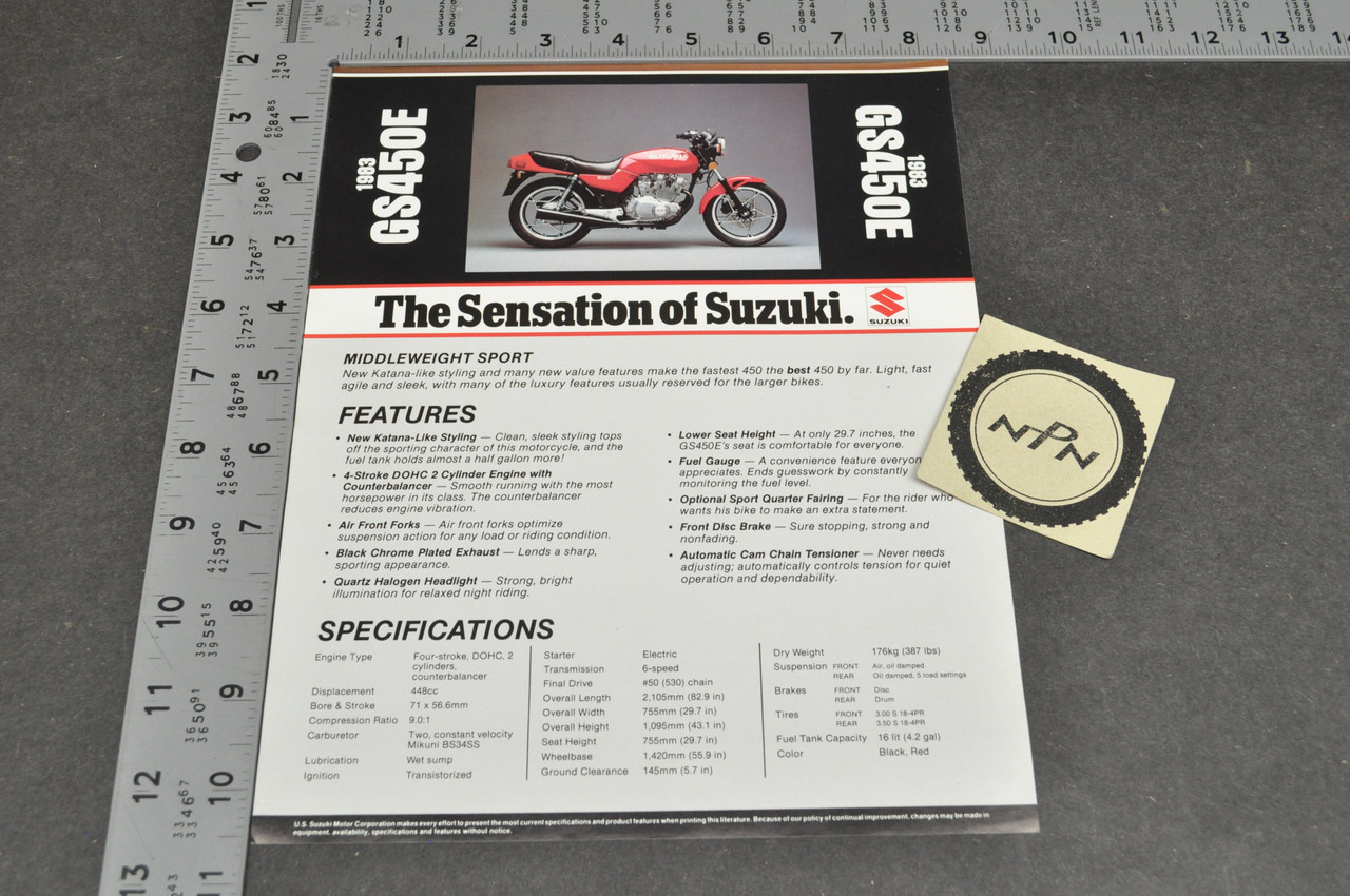 Vintage NOS 1983 Suzuki GS450 E Motorcycle Brochure Dealer Spec Sheet OEM