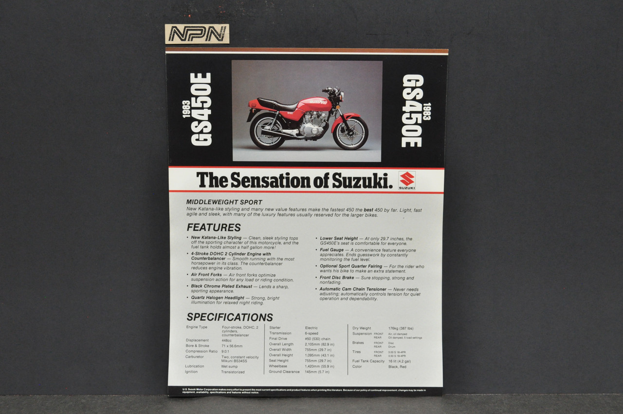 Vintage NOS 1983 Suzuki GS450 E Motorcycle Brochure Dealer Spec Sheet OEM