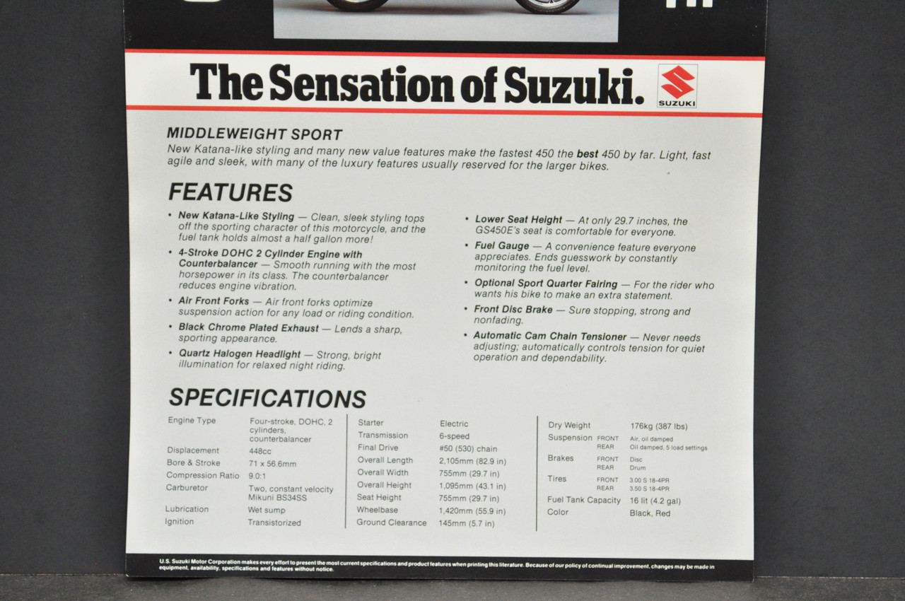 Vintage NOS 1983 Suzuki GS450 E Motorcycle Brochure Dealer Spec Sheet OEM