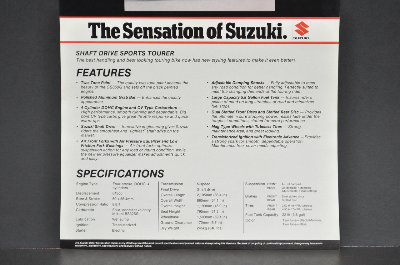 Vintage NOS 1983 Suzuki GS850 G Motorcycle Brochure Dealer Spec Sheet OEM