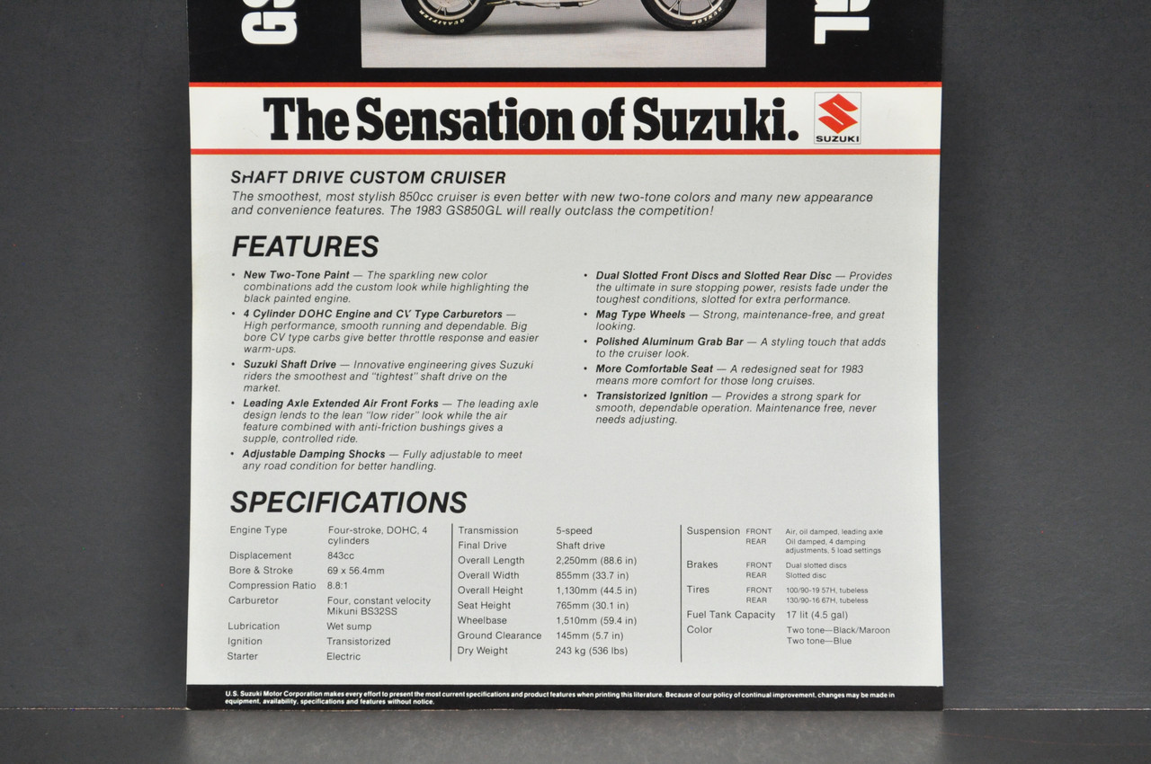 Vintage NOS 1983 Suzuki GS850 GL Motorcycle Brochure Dealer Spec Sheet OEM
