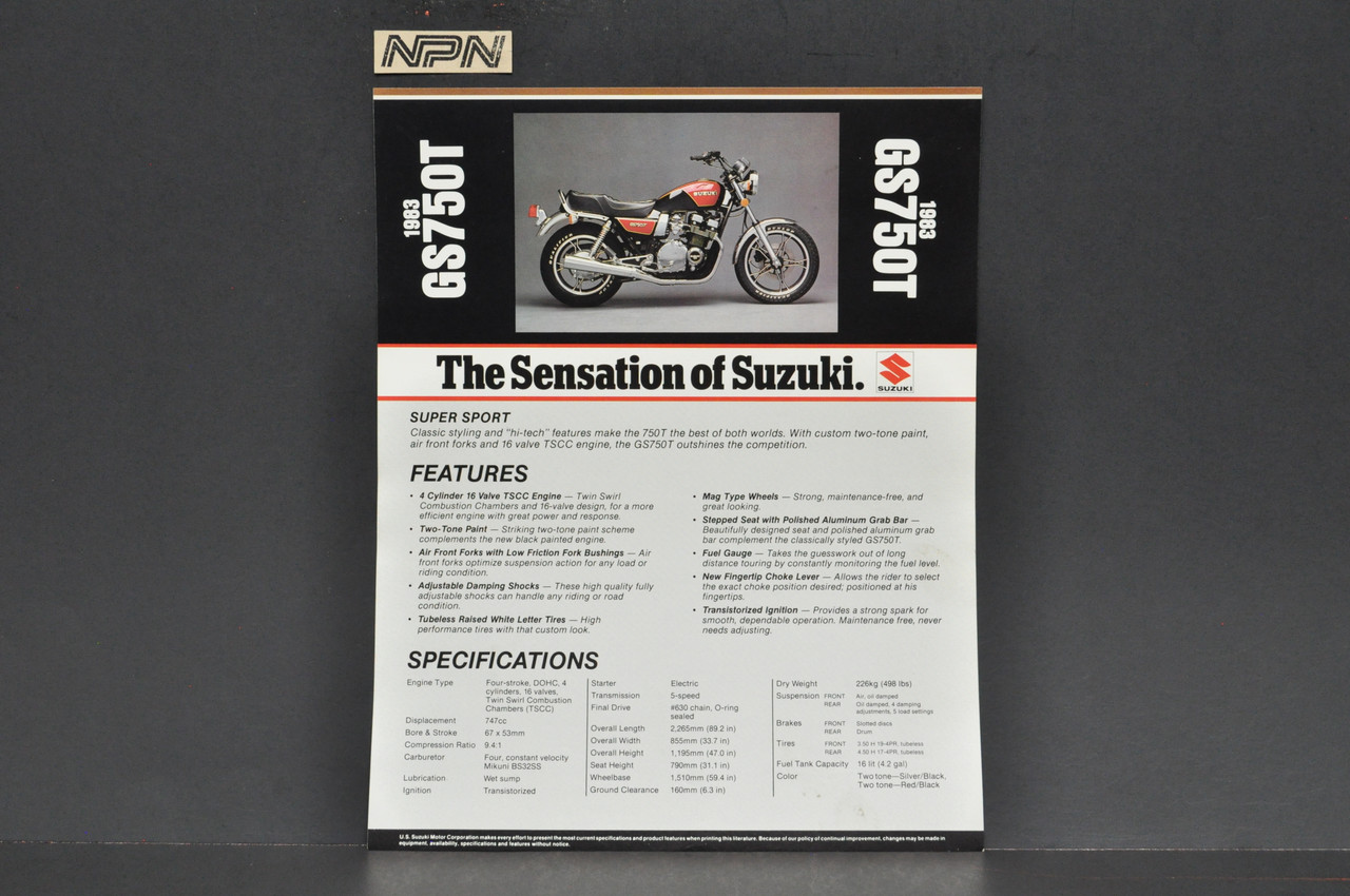 Vintage NOS 1983 Suzuki GS750 T Motorcycle Brochure Dealer Spec Sheet