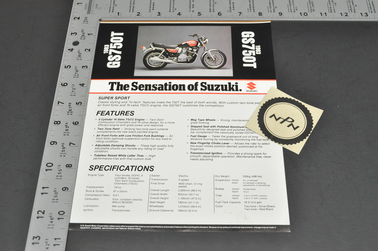 Vintage NOS 1983 Suzuki GS750 T Motorcycle Brochure Dealer Spec Sheet