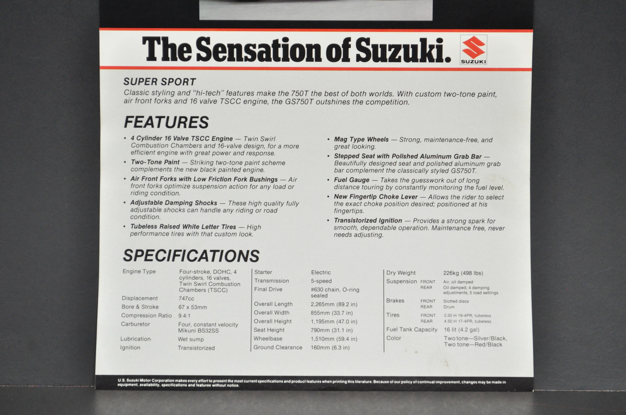 Vintage NOS 1983 Suzuki GS750 T Motorcycle Brochure Dealer Spec Sheet