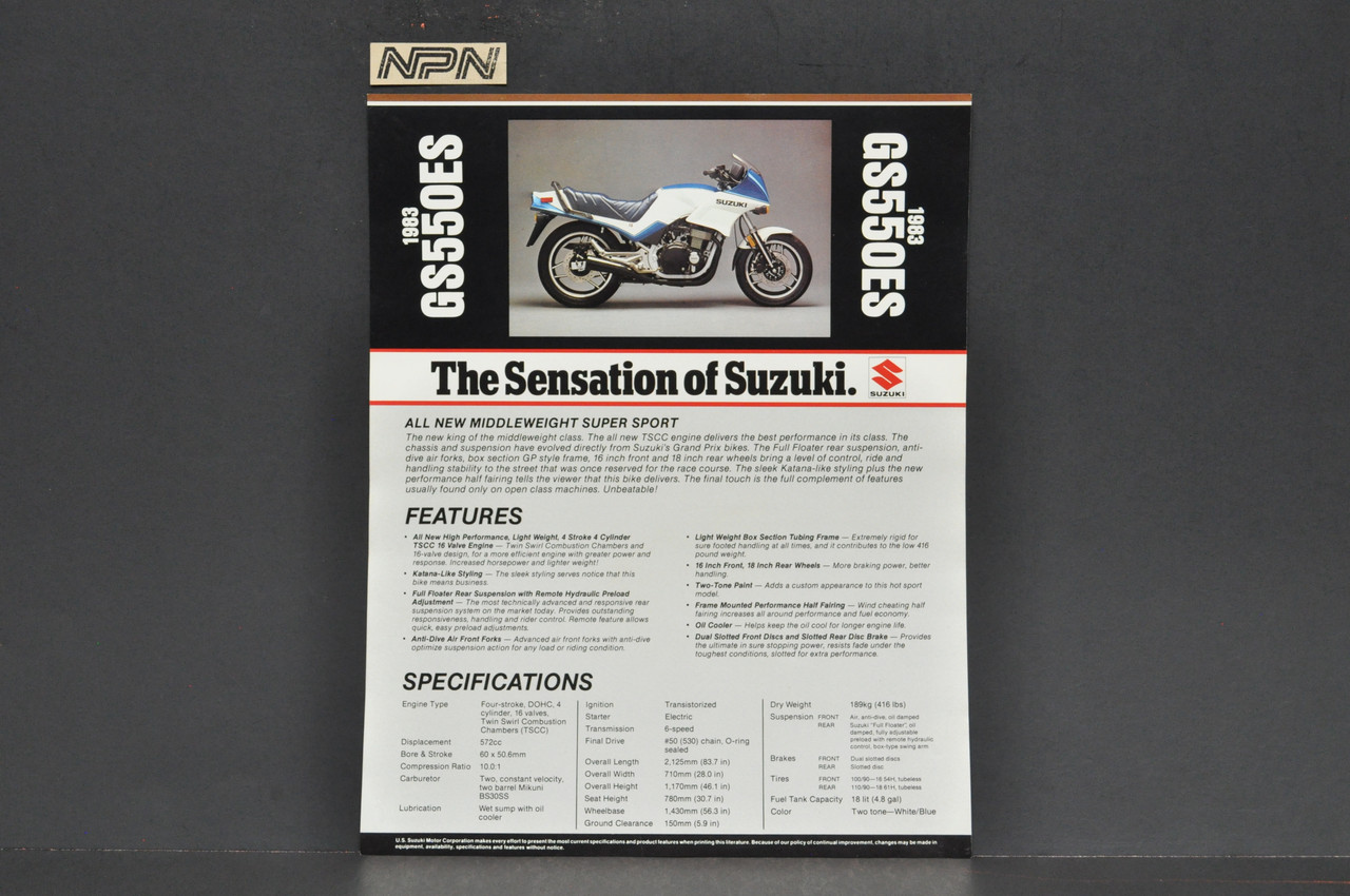 Vintage NOS 1983 Suzuki GS550 ES Motorcycle Brochure Dealer Spec Sheet