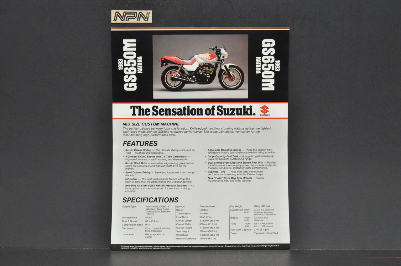 Vintage NOS 1983 Suzuki GS650 M Katana Motorcycle Brochure Dealer Spec Sheet OEM