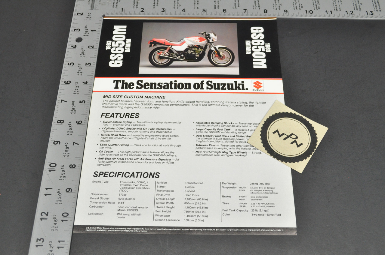 Vintage NOS 1983 Suzuki GS650 M Katana Motorcycle Brochure Dealer Spec Sheet OEM