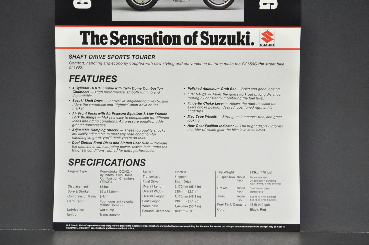 Vintage NOS 1983 Suzuki GS650 G Motorcycle Brochure Dealer Spec Sheet OEM