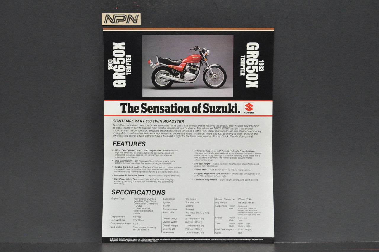 Vintage NOS 1983 Suzuki GR650 X Tempter Motorcycle Brochure Dealer Spec Sheet