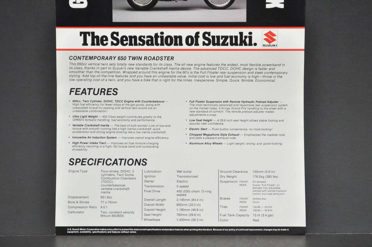 Vintage NOS 1983 Suzuki GR650 X Tempter Motorcycle Brochure Dealer Spec Sheet