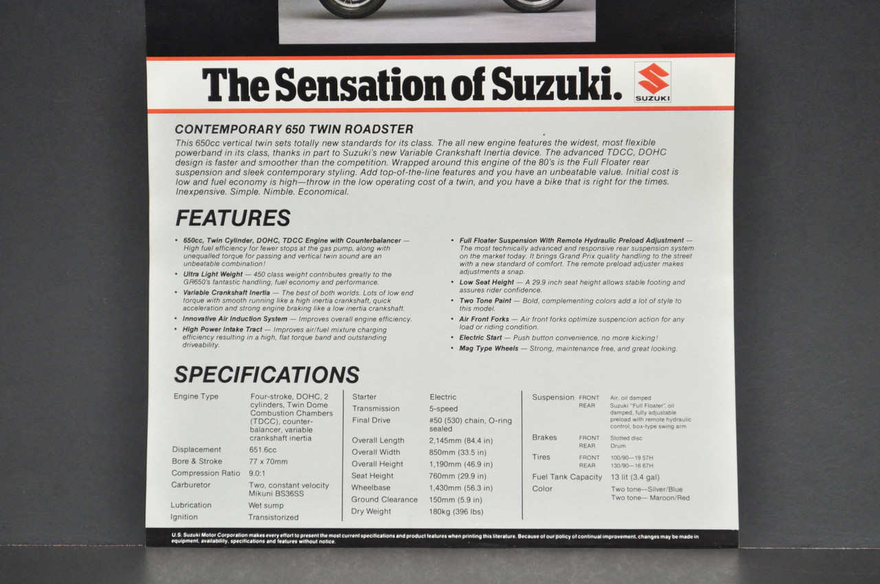 Vintage NOS 1983 Suzuki GR650 Tempter Motorcycle Brochure Dealer Spec Sheet