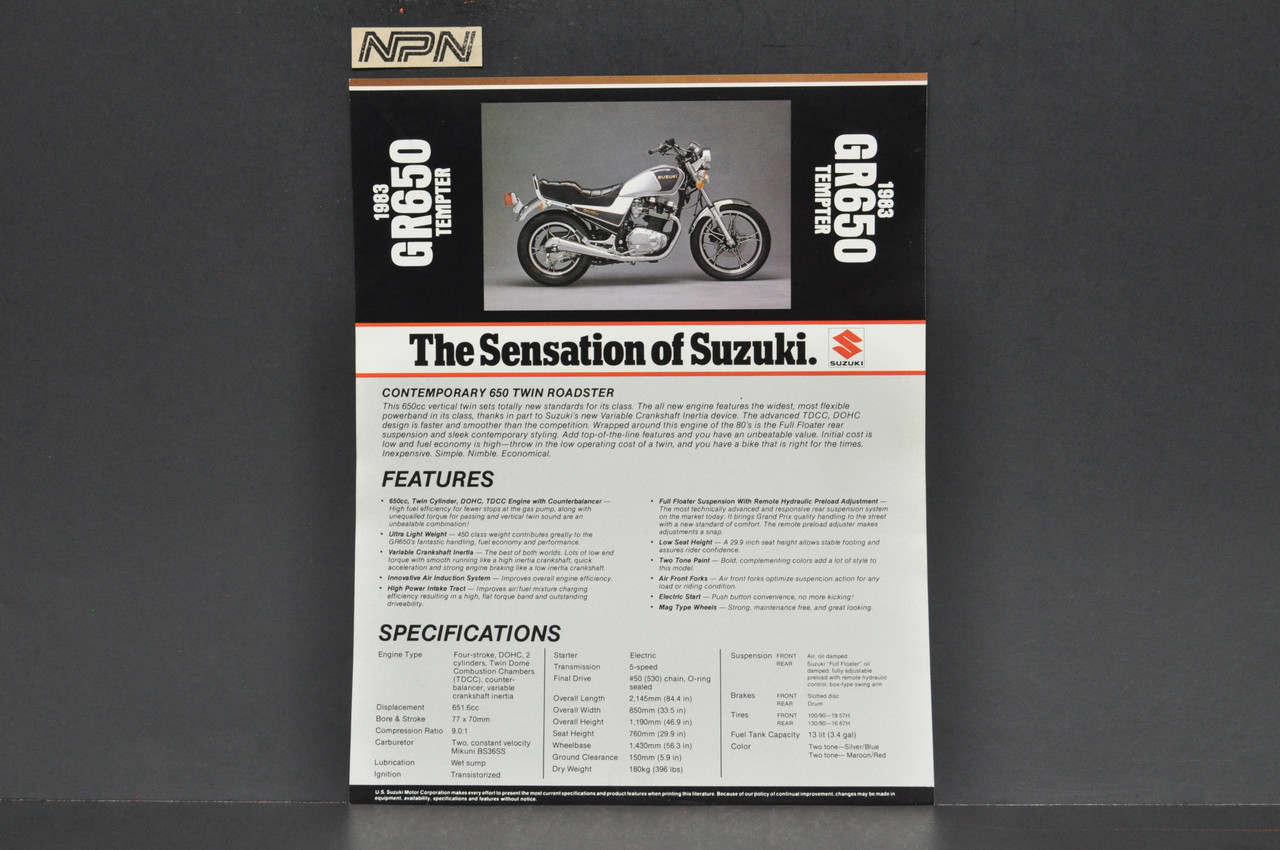 Vintage NOS 1983 Suzuki GR650 Tempter Motorcycle Brochure Dealer Spec Sheet