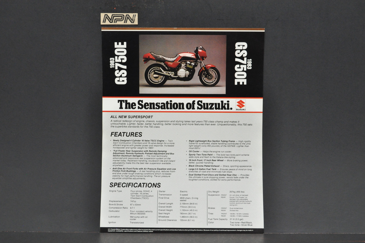 Vintage NOS 1983 Suzuki GS750 E Motorcycle Brochure Dealer Spec Sheet