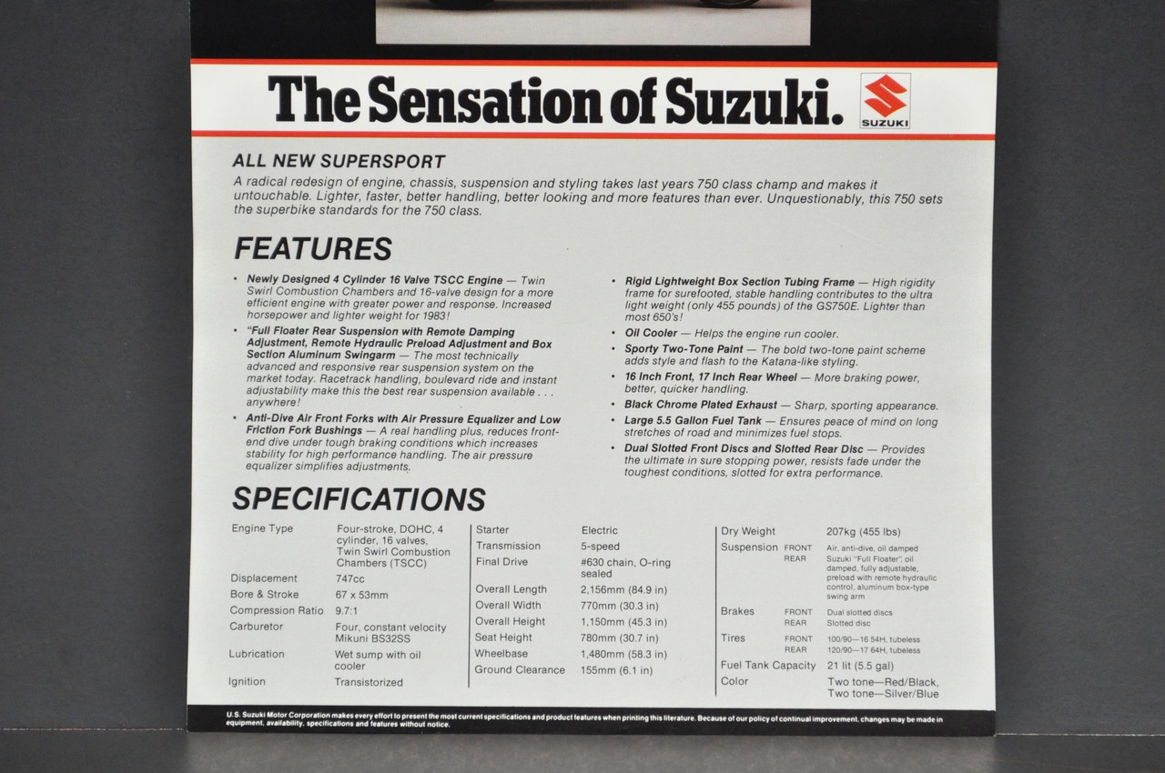 Vintage NOS 1983 Suzuki GS750 E Motorcycle Brochure Dealer Spec Sheet