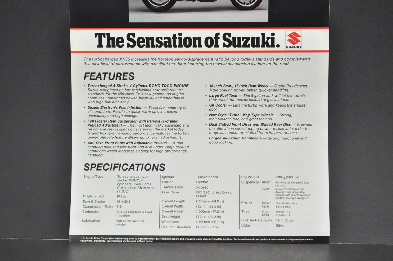 Vintage NOS 1983 Suzuki XN85 Turbo Motorcycle Brochure Dealer Spec Sheet READ