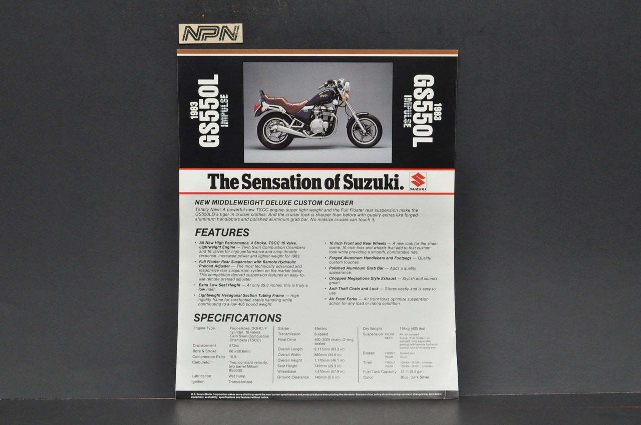 VTG NOS 1983 Suzuki GS550 L Impulse Motorcycle Brochure Dealer Spec Sheet READ