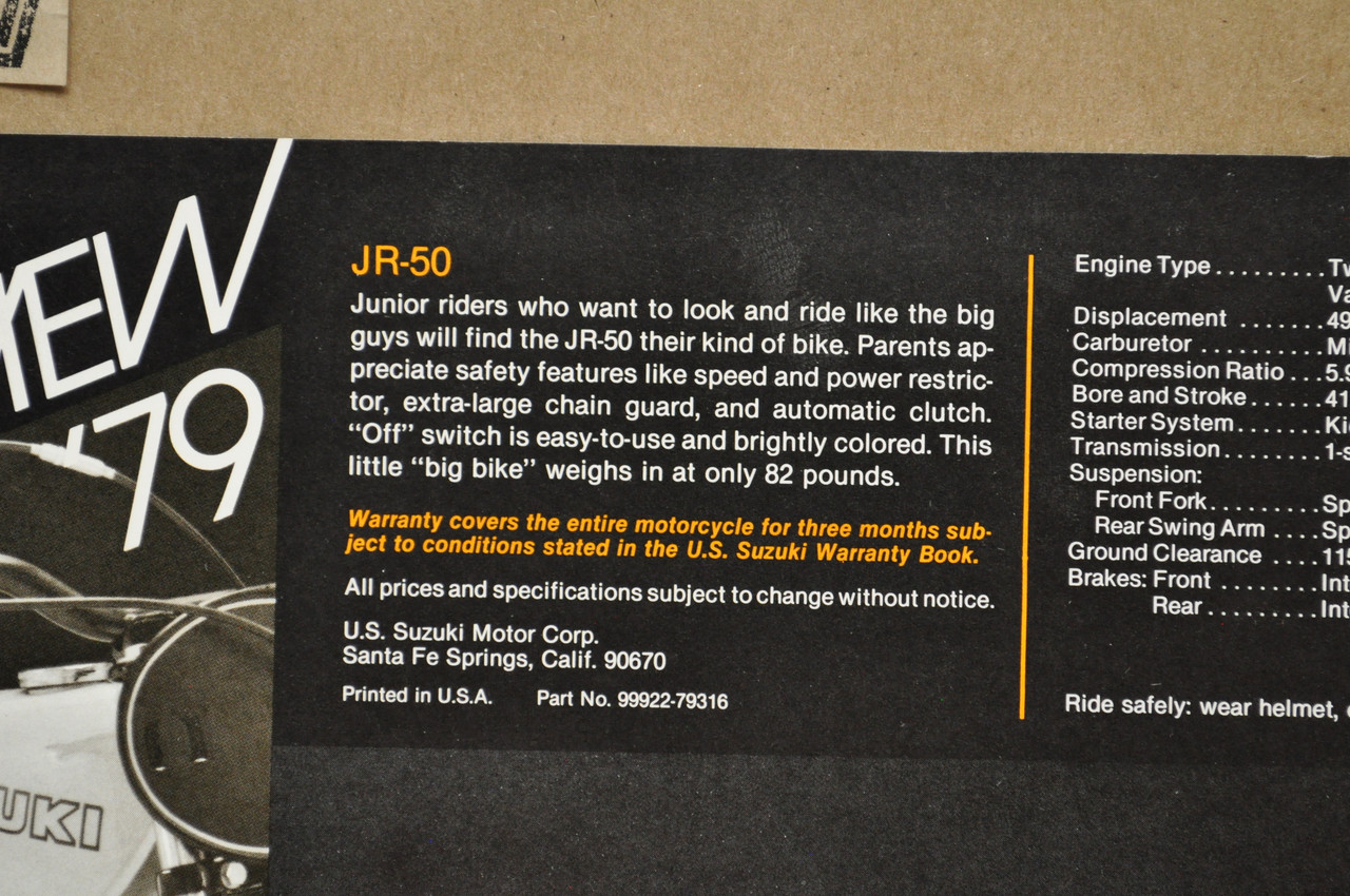 Vintage NOS 1979 Suzuki OR50 JR50 Motorcycle Preview Brochure Dealer Specs