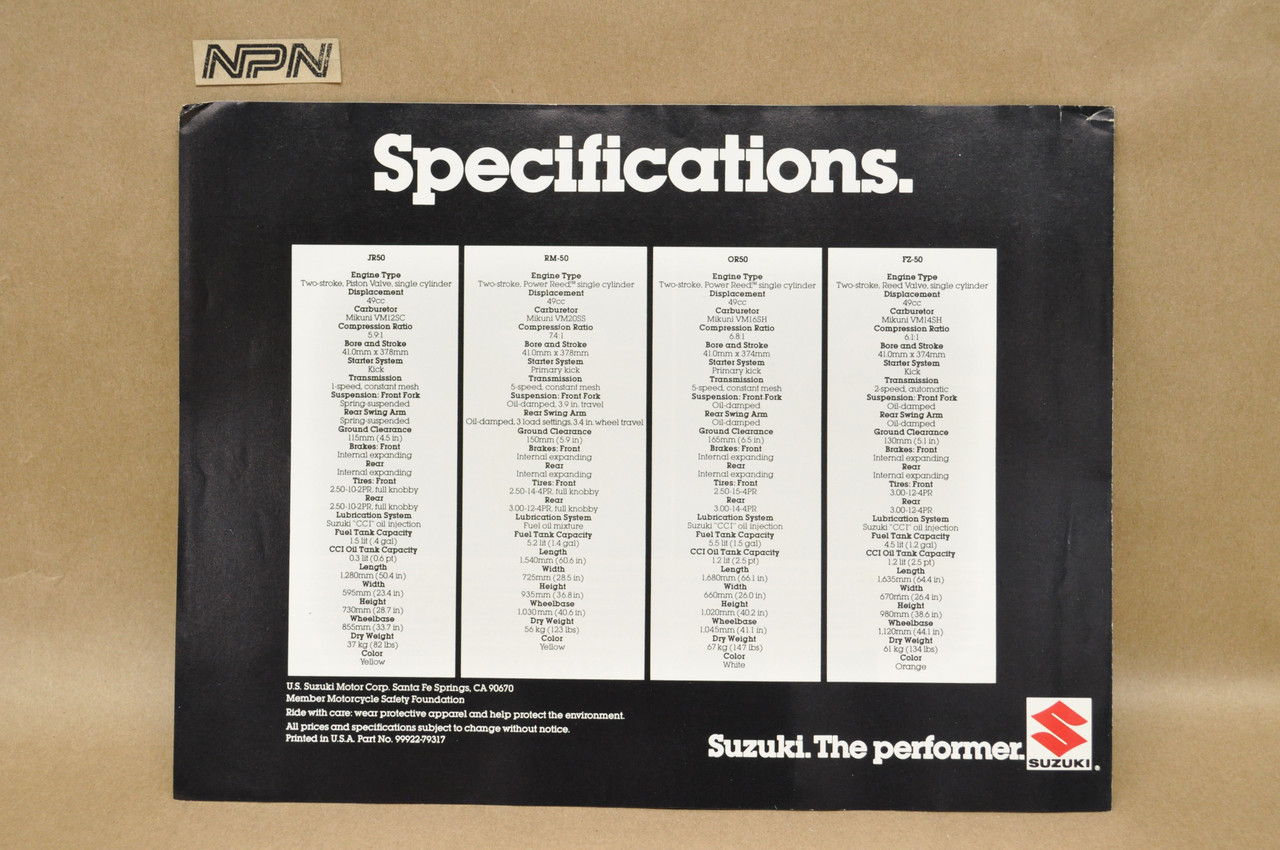 Vintage NOS 1979 Suzuki JR50 RM50 OR50 FZ50 Motorcycle Brochure OEM Sales Spec