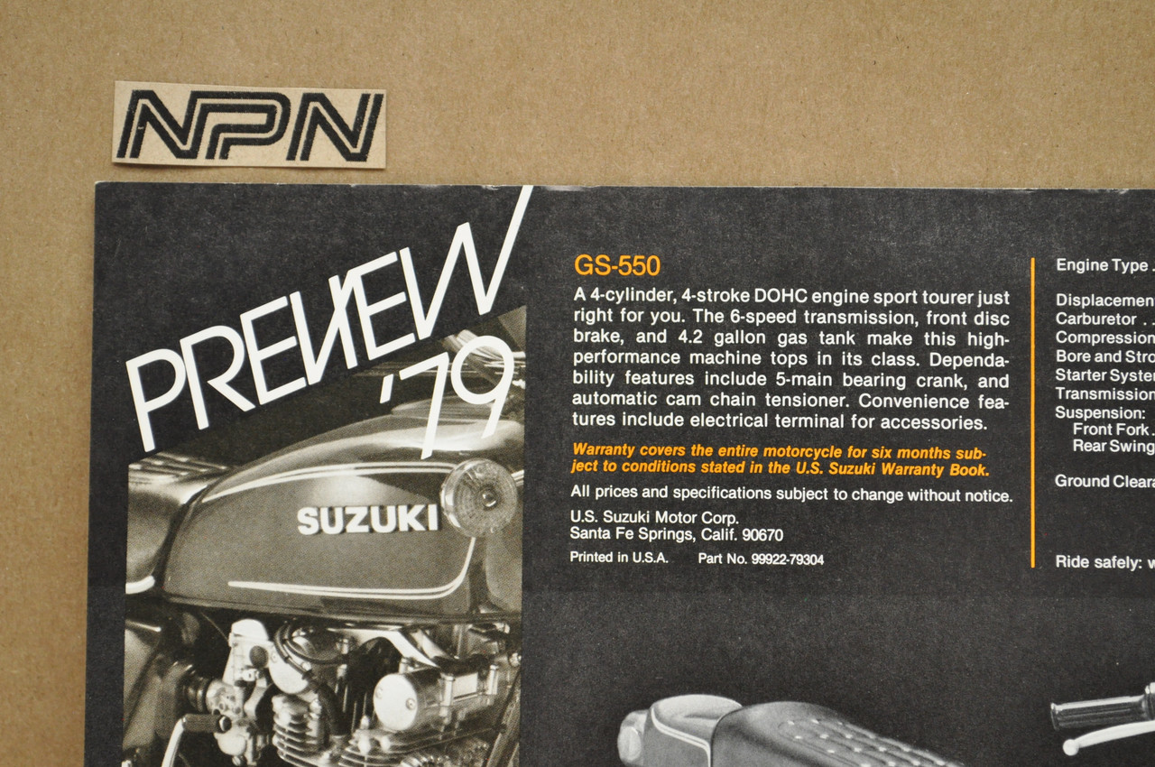 Vintage NOS 1979 Suzuki GS550 E Motorcycle Preview Brochure Dealer Specs