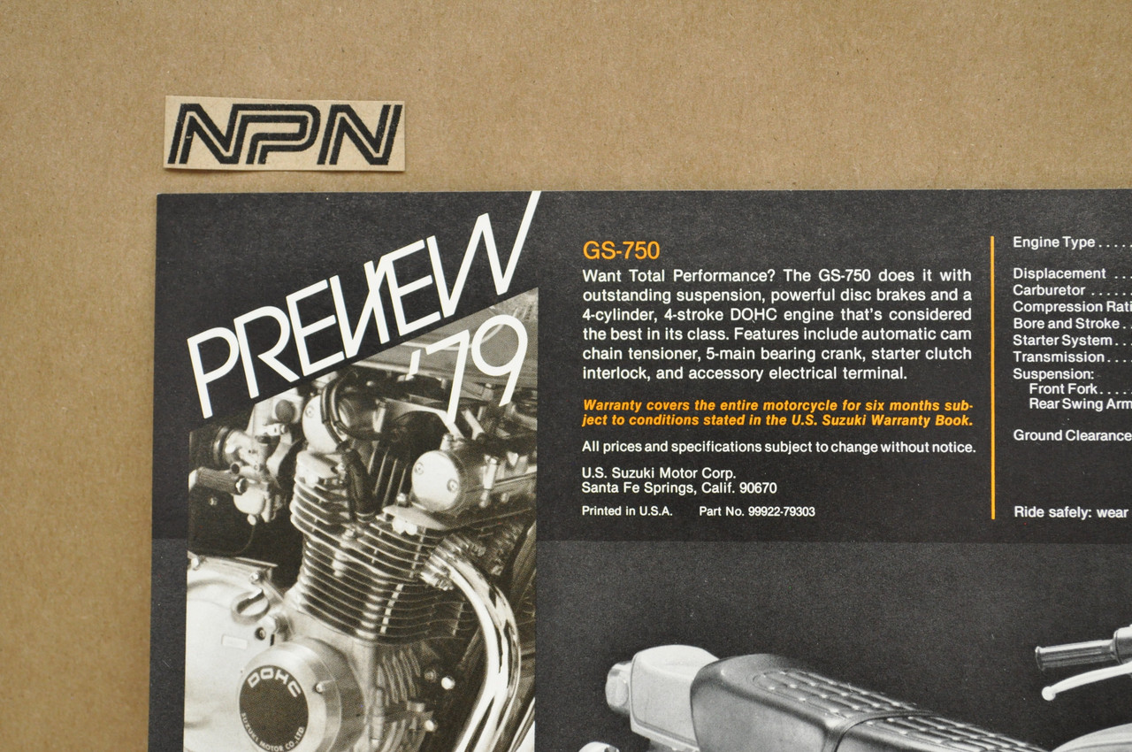 Vintage NOS 1979 Suzuki GS750 E Motorcycle Preview Brochure Dealer Specs