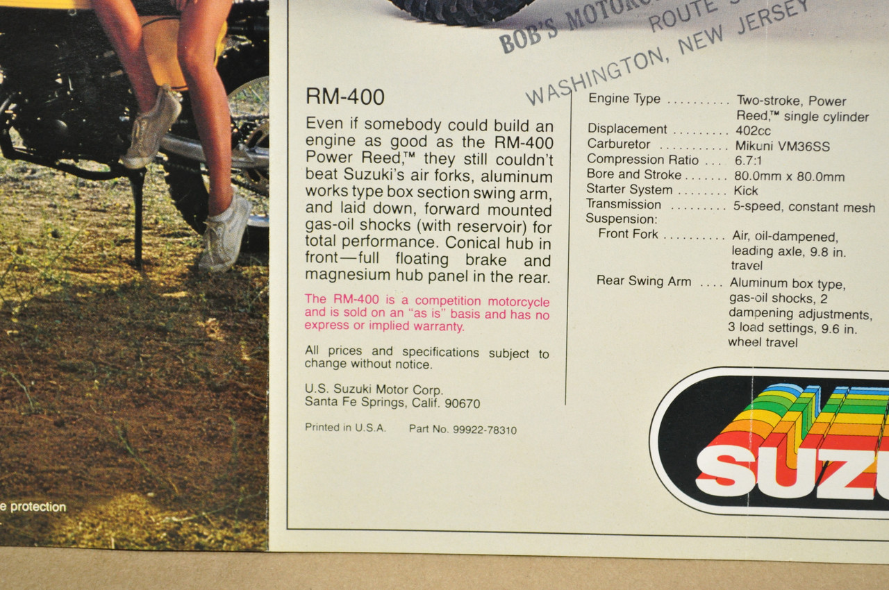 Vintage NOS 1978 Suzuki RM250 RM400 Motorcycle Brochure Motocross Dealer Specs